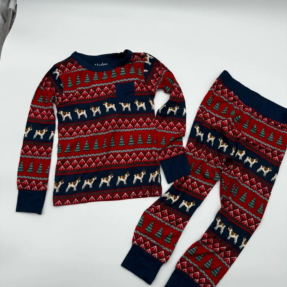 Hatley Bamboo Red/Navy Festive Frenchie Bulldog Dog Kids‎ Pajama Set, 3